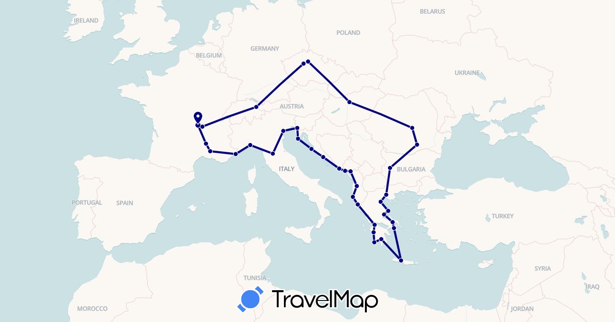TravelMap itinerary: driving in Albania, Bulgaria, Czech Republic, France, Greece, Croatia, Hungary, Italy, Liechtenstein, Monaco, Montenegro, Romania (Europe)